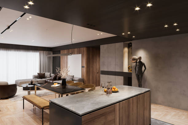istock Modern Open-Concept Kitchen and Living Room with Artistic Sculpture and Sleek Design 2178352953