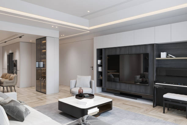 istock Modern Open-Plan Living Room with Large TV, Piano, and Minimalist Decor 2178352963