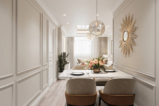 istock Elegant Modern Dining Room with Floral Centerpiece and Sunburst Mirror 2178353465