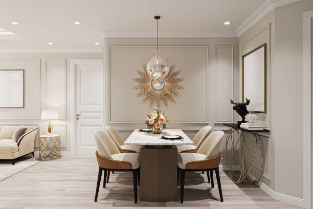 istock Luxurious Modern Dining Room with Marble Table and Gold Accent Decor 2178353485