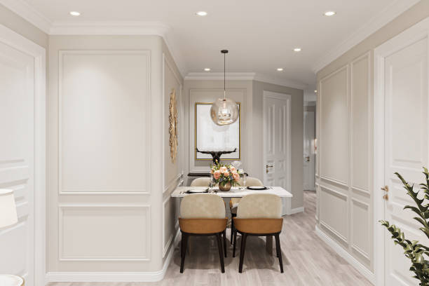 Elegant Small Dining Area with Floral Centerpiece and Modern Lighting