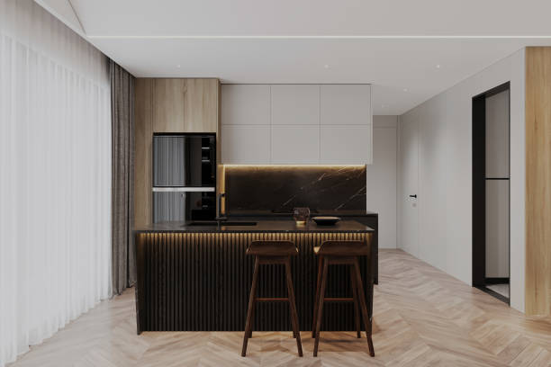 istock Modern Luxury Kitchen Interior with Black Marble Countertop and Island Lighting 2178353528