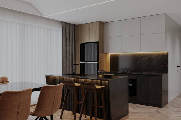 istock Modern Minimalist Kitchen Island with Bar Stools and Dining Area 2178353553