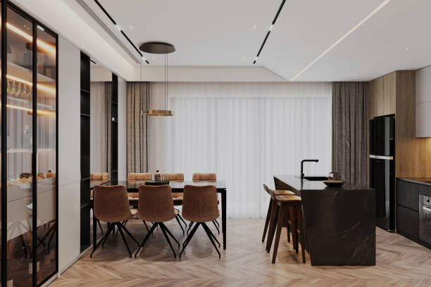 istock Modern Luxury Open-Plan Dining and Kitchen Area with Stylish Lighting and Elegant Interior Design 2178353555