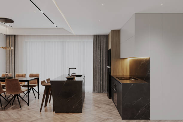 istock Modern Minimalist Kitchen with Elegant Dining Area and Black Marble Countertops 2178353558