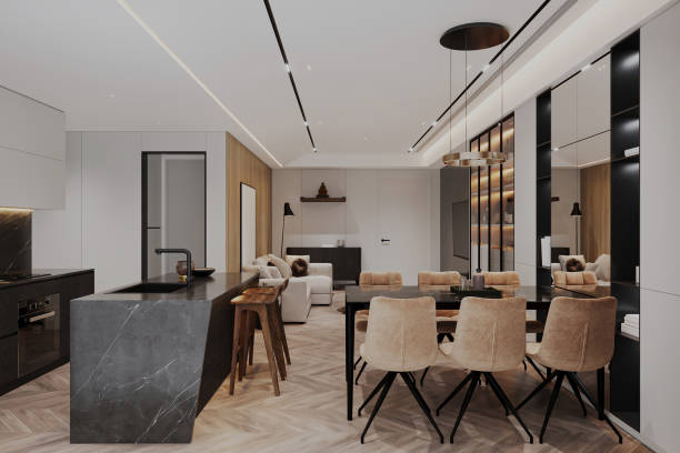 istock Modern Open-Concept Living and Dining Room with Marble Kitchen Island 2178353582