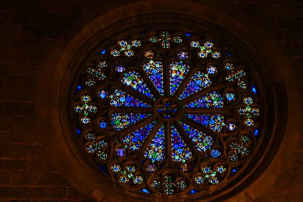 Stained glass shot of the Notre-Dame church in Vallet, Loire-Atlantique, built between 1869 and 1875, neo-Gothic style, being the largest church in the Nantes region, at 18/135, 1600 iso, f 11, 1/125 second
