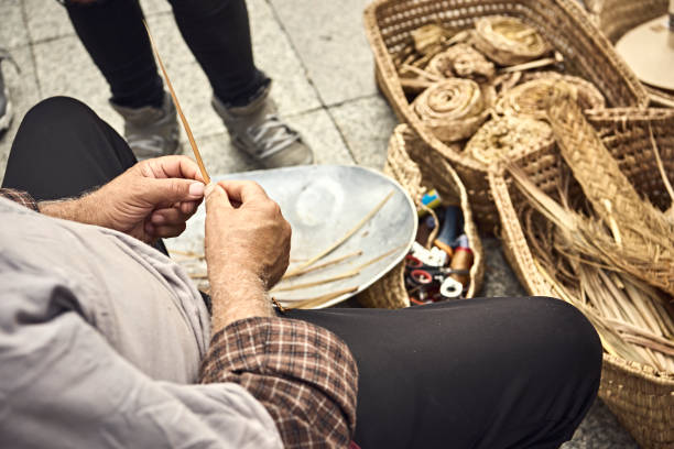 Close-Up of Hands Weaving Straw for Basket Making