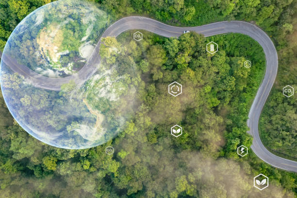 istock Green logistics, sustainable transportation, and net zero carbon emission to save environment. Winding road in green forest. Electric car driving. Eco-friendly road trip. Earth image provided by Nasa. 2178359001