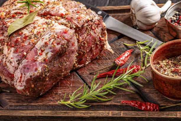 istock Prepared for roast Raw Pork neck butt, top view 2178361094