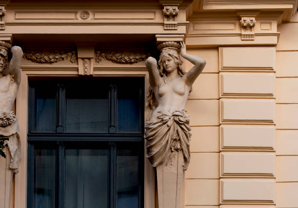 Shot in color detail on the facade of this historic building representing some character, animal or flower. Set at Riga, Letonia, Europe