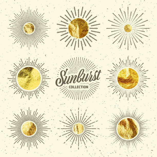 istock Vintage grunge sunburst sunset beams. Gold foil, shiny handmade circles. Golden glittering texture, pattern. Hand drawn bursting sun, light rays. Logotype, lettering, retro style. Vector illustration 2178364780