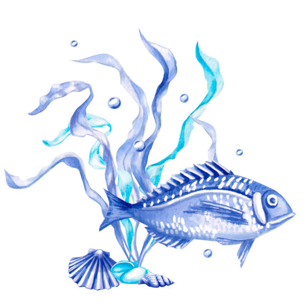 istock Seaweed composition with shells and fish in watercolor. Isolated monochrome illustration of sea creatures for marine themed event design, textile design, printing, children's parties 2178366103