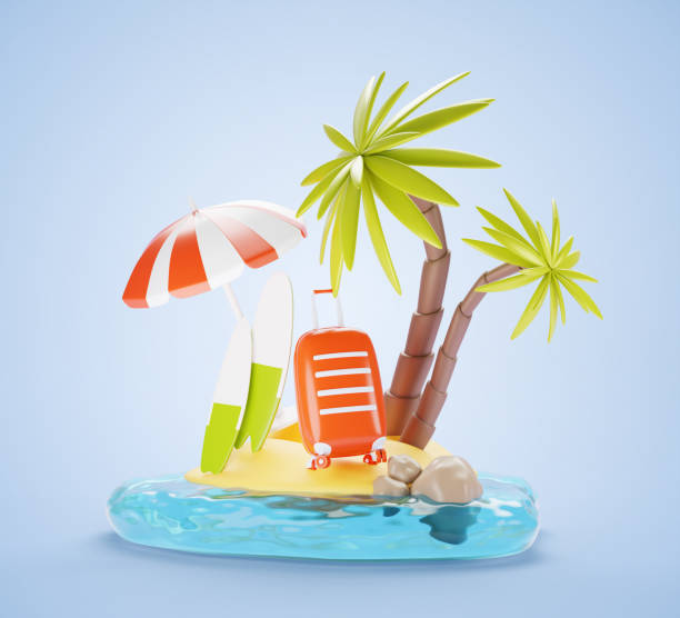 istock 3d island in ocean with beach, palm trees, umbrella, suitcase, surfboard on sky blue background. Tropical landscape with sea water for summer vacation and travel. Cartoon render icon 2178368938
