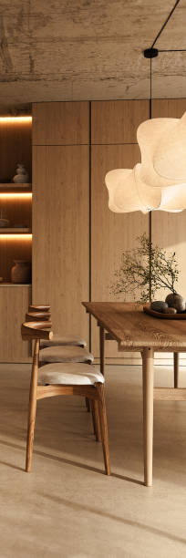 istock Modern kitchen dining space with natural wood and designer lamp, 3d rendering 2178376938