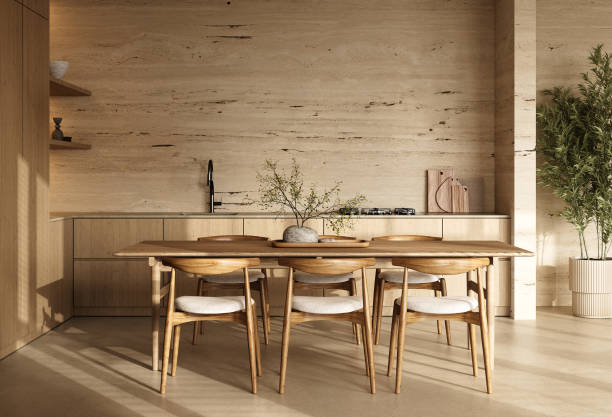 istock Minimalist kitchen with a wooden table and serene decor, 3d rendering 2178377130