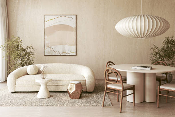 istock Stylish and modern living room featuring elegant decor with light colors throughout the space, 3d rendering 2178377622