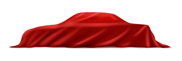 istock Red curtain hiding surprise, surprise presentation. Hidden car auto under drapery cloth, present gift or exhibition stand with secret, mystery object reveal on stage vector illustration 2178380950