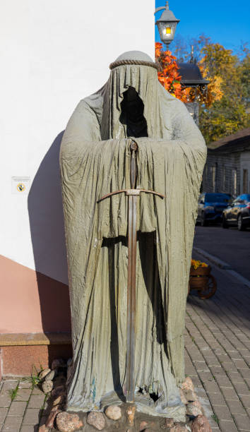 Russia, Vyborg - October 12, 2024: Sculpture of a gray monk