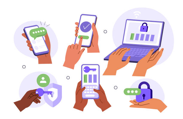 illustrations, cliparts, dessins animés et icônes de mains de cybersécurité - téléphone mobile