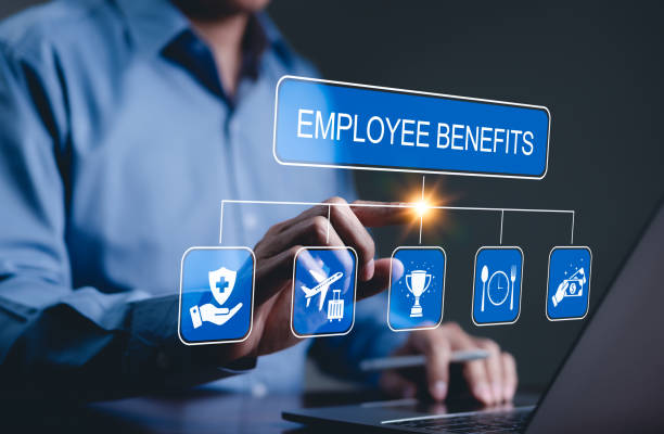 istock Employee Benefits and Compensation Strategy Concept. Employee benefits options on digital interface. Icons various benefits such as healthcare, insurance, travel, awards, dining, and financial perks. 2178388866