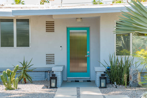 Palm Springs, CA, US-May 22, 2024: Exterior of mid-century modern luxury house in suburban neighborhood.
