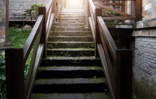 Staircase with wooden railing outdoors