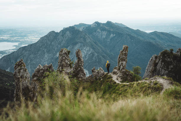 Mountain Landscape with Soft Light and Green Hills with a man observing the panorama