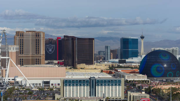 View of Las Vegas, the Entertainment Capital of the World, shown from above on a morning with cloudy skies.