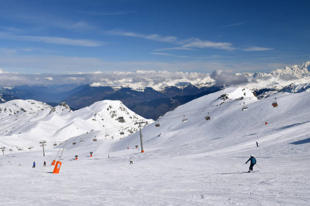Active ski slope in Les Menuires ski resort, France