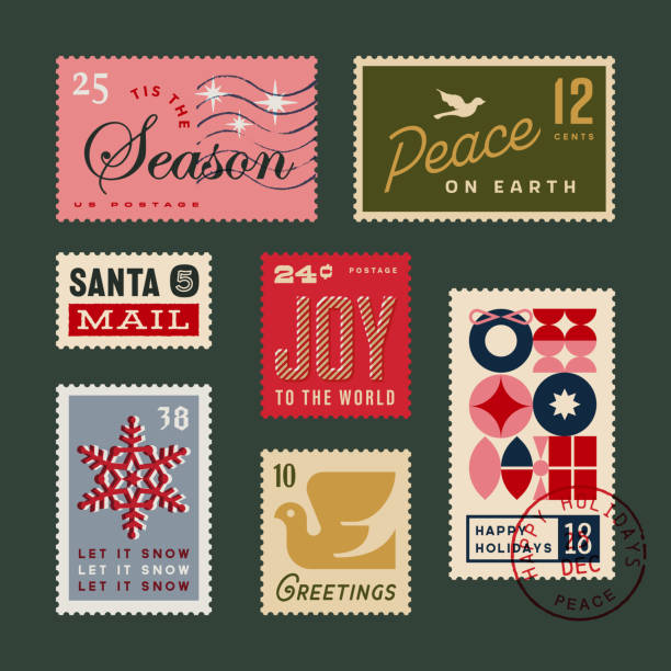 ilustraciones, imágenes clip art, dibujos animados e iconos de stock de colección retro de sellos postales navideños y festivos de invierno - sello postal