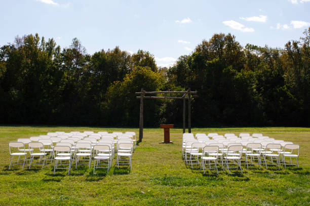 istock Outdoor Event Setup With Chairs And Wooden Archway. 2178401018