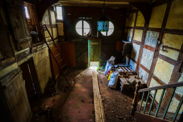 Green/yellow light is pouring in through the door and window of an old and abandoned overgrown home.HDR from 5 differently exposed images. Images were shot with a Sigma 8-16mm on 8mm