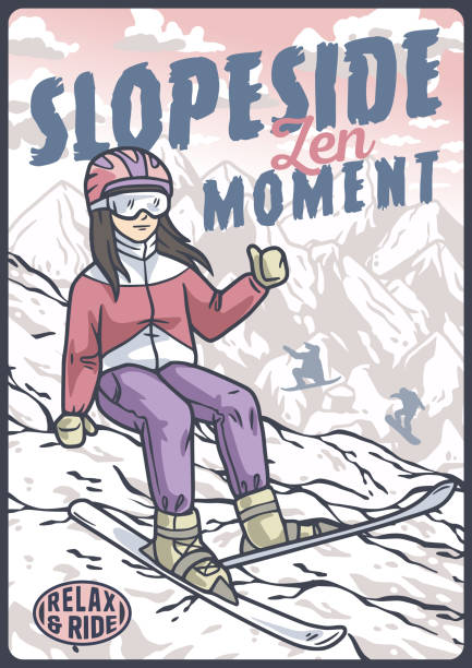 Skier woman enjoying mountain view during winter holidays Female skier is taking a break on a mountain slope, enjoying the view and giving a thumbs up. The illustration evokes the joy and peacefulness of winter sports thumbs up for skiing stock illustrations