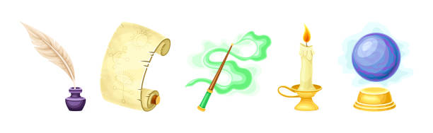 Magical Object and Witchcraft Magician Equipment Vector Set Magical Object and Witchcraft Magician Equipment Vector Set. Magic and Alchemy Element for Wizardry and Sorcery Concept clip art of scroll quill stock illustrations