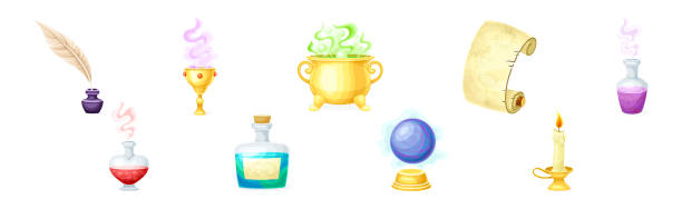 Magical Object and Witchcraft Magician Equipment Vector Set Magical Object and Witchcraft Magician Equipment Vector Set. Magic and Alchemy Element for Wizardry and Sorcery Concept clip art of scroll quill stock illustrations