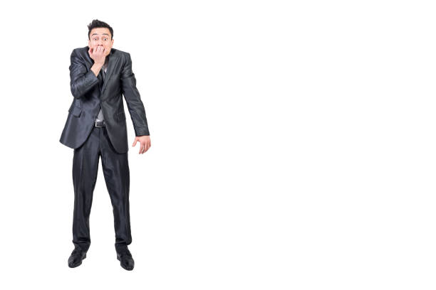 screaming man with open mouth and raised arms on white background