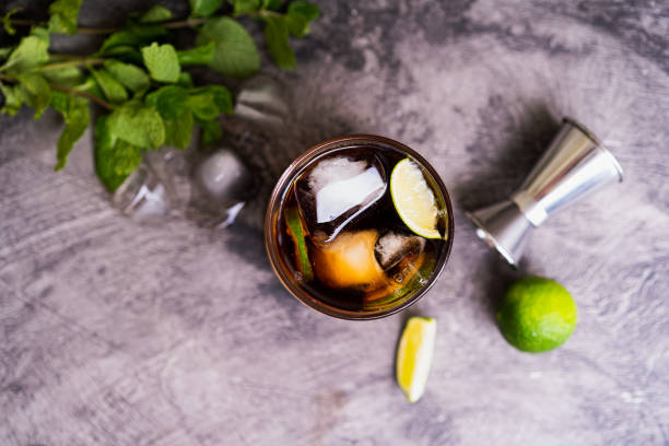 istock Cold Cuba Libre or Long island iced tea cocktail with brown rum, cola, mint, lime, muddler, jigger and glass 2178404270