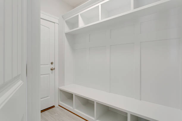istock White Mudroom With Built-In Storage Benches And Hooks. 2178405362