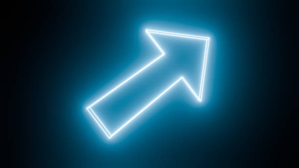 Blue neon arrow pointing upwards on a black background, representing movement, progress and positivity. Minimalist and modern design, perfect for digital and advertising projects.