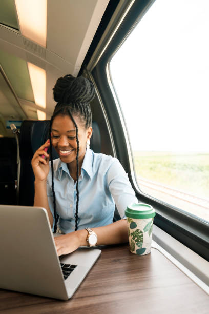 istock Young business woman traveling by train 2178408405