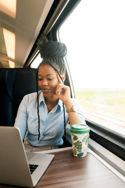 istock Young business woman traveling by train 2178408413