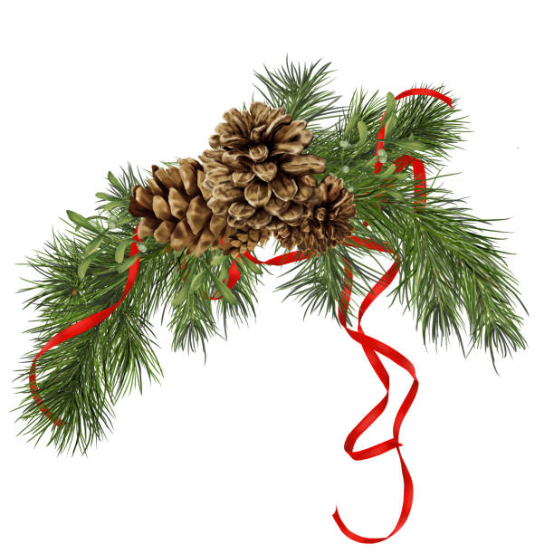 istock Pine cones and fir branches in Christmas composition. Watercolor digital illustration. Leaves and white mistletoe berries isolated on white background. Winter berries on branches. Red festive ribbons 2178409407