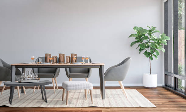 istock A side view of a modern dining room with a dining table and upoholstered chairs with decoration, a garden view through windows in the background 2178421633