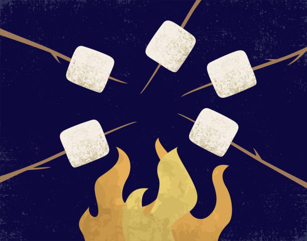 Toasting marshmallows Toasting marshmallows over an open fire, in a cut paper style with textures campfire stock illustrations