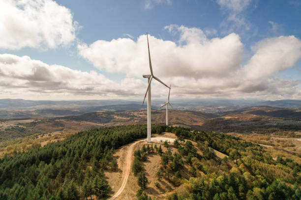 istock Wind turbines in forest area in cloudy weather. renewable energy sources 2178424074