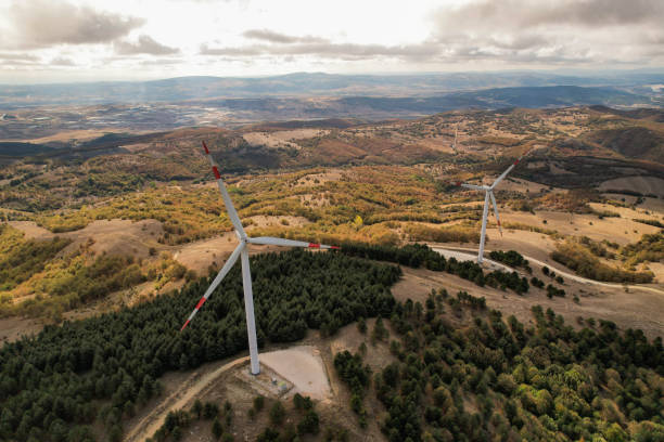 istock Wind turbines in forest area in cloudy weather. renewable energy sources 2178424688