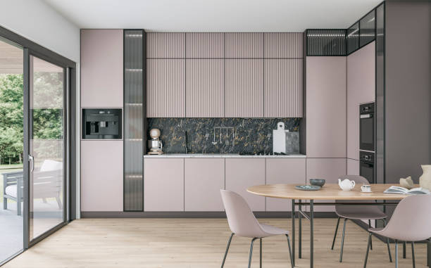 istock Modern pastel light lilac kitchen with large windows (garden view) in the background and a dining table with chairs  in foreground 2178427121