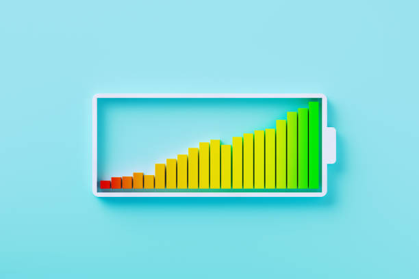 istock Battery Symbol And Bar Graph on Blue Background 2178428115
