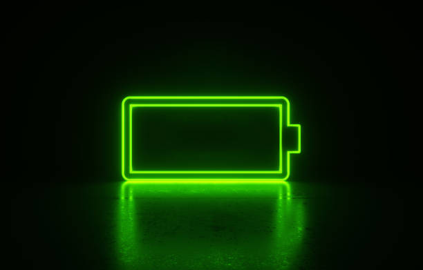 Glowing green empty battery symbol on black background. Horizontal composition with copy space. Battery charger concept.